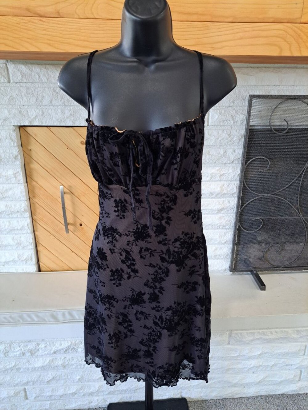 Y2K Velvet Burnout Milkmaid Floral Black Mini Dress  Adjustable Ruffle Medium